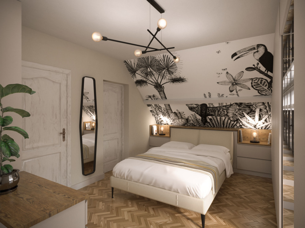 Idee per una camera matrimoniale moderna di medie dimensioni con pareti grigie, parquet chiaro e pavimento beige