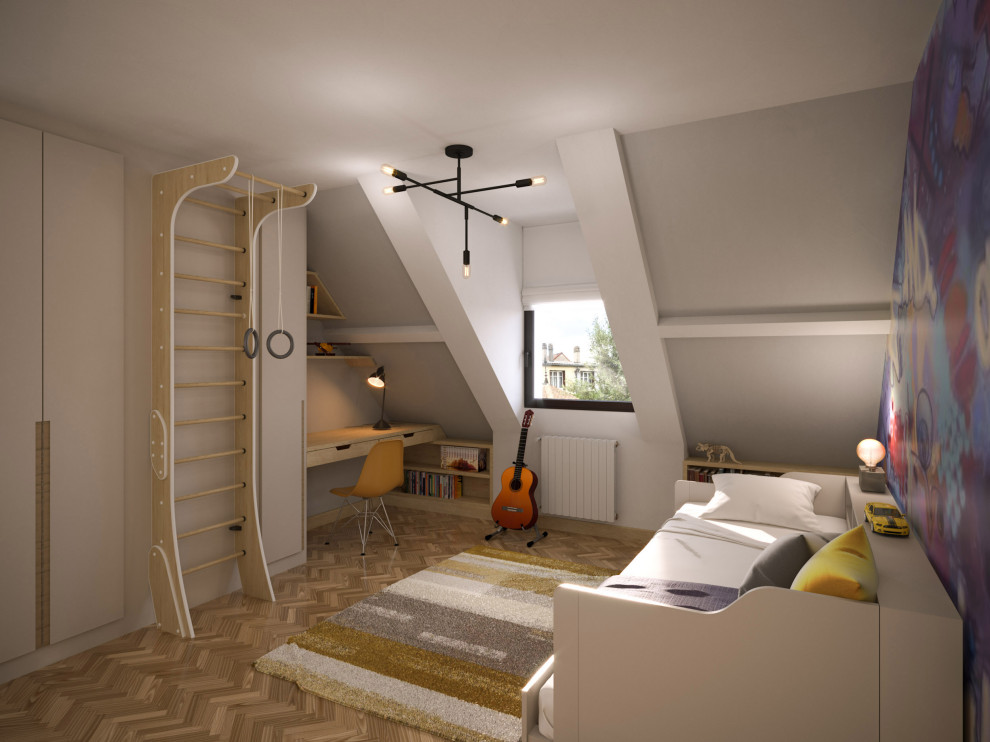 Immagine di una camera da letto moderna di medie dimensioni con pareti viola, parquet chiaro e pavimento beige