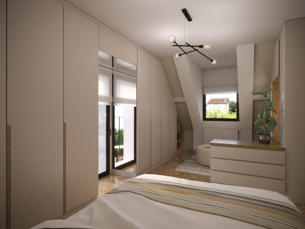 Cette image montre une chambre parentale minimaliste de taille moyenne avec un mur gris, parquet clair et un sol beige.