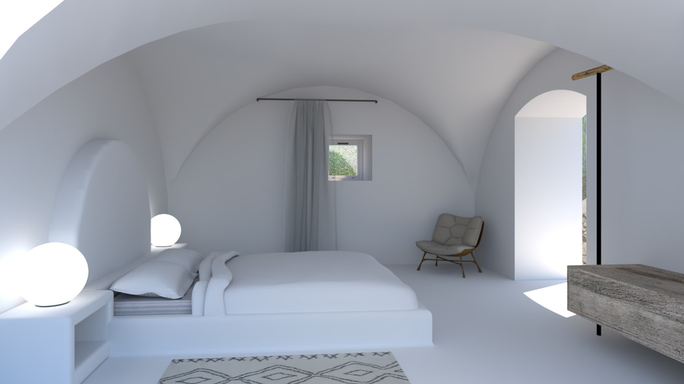 На фото: большая хозяйская спальня в морском стиле с белыми стенами, бетонным полом и белым полом без камина