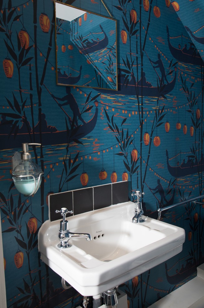 World-inspired cloakroom in London with blue walls.