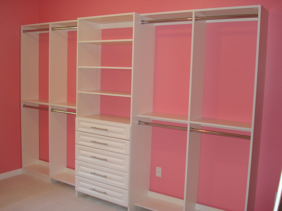 Exempel på ett mycket stort modernt walk-in-closet för kvinnor, med luckor med upphöjd panel, vita skåp, heltäckningsmatta och vitt golv