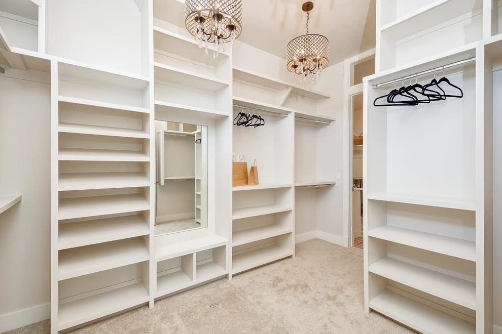Dressing room - large contemporary gender-neutral carpeted and beige floor dressing room idea in Boise with open cabinets and white cabinets