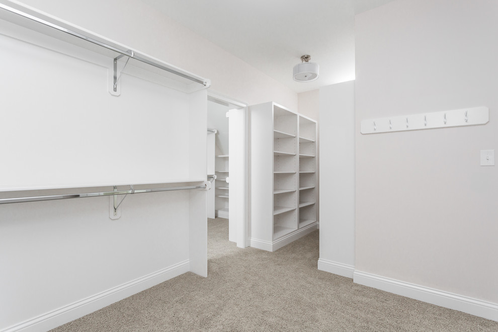 This is an example of an expansive classic gender neutral walk-in wardrobe in Indianapolis with open cabinets, white cabinets and carpet.