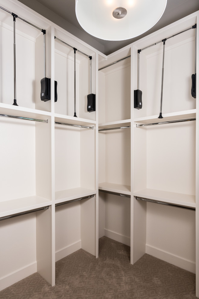 Idee per una cabina armadio unisex design di medie dimensioni con nessun'anta, ante bianche e moquette