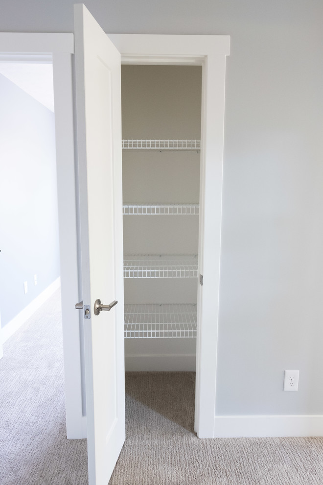 Small transitional gender-neutral carpeted and beige floor reach-in closet photo in Grand Rapids with open cabinets and white cabinets