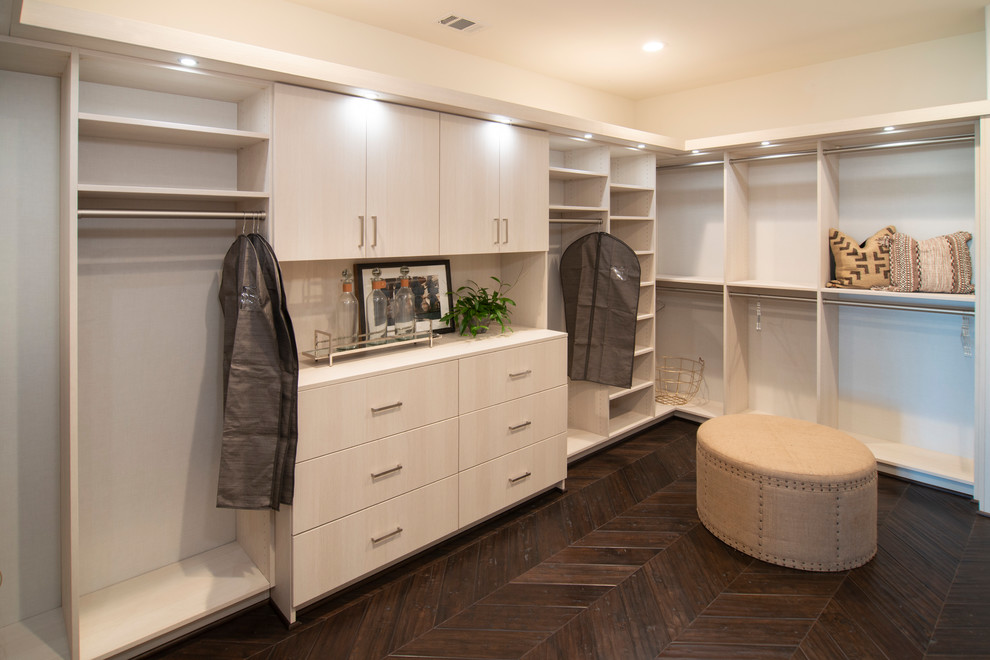 Design ideas for a classic wardrobe in San Francisco with flat-panel cabinets and light wood cabinets.