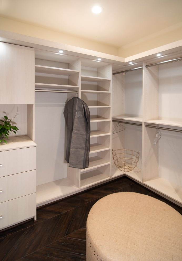 Inspiration for a traditional wardrobe in San Francisco with flat-panel cabinets and light wood cabinets.