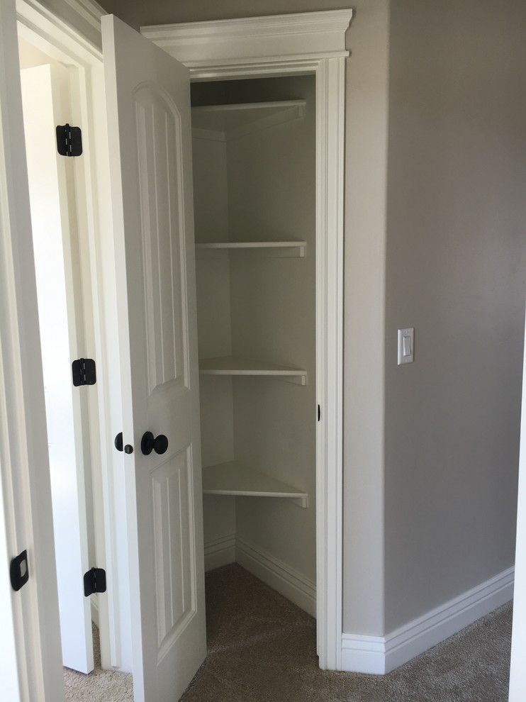 Example of a small transitional gender-neutral carpeted reach-in closet design in Other