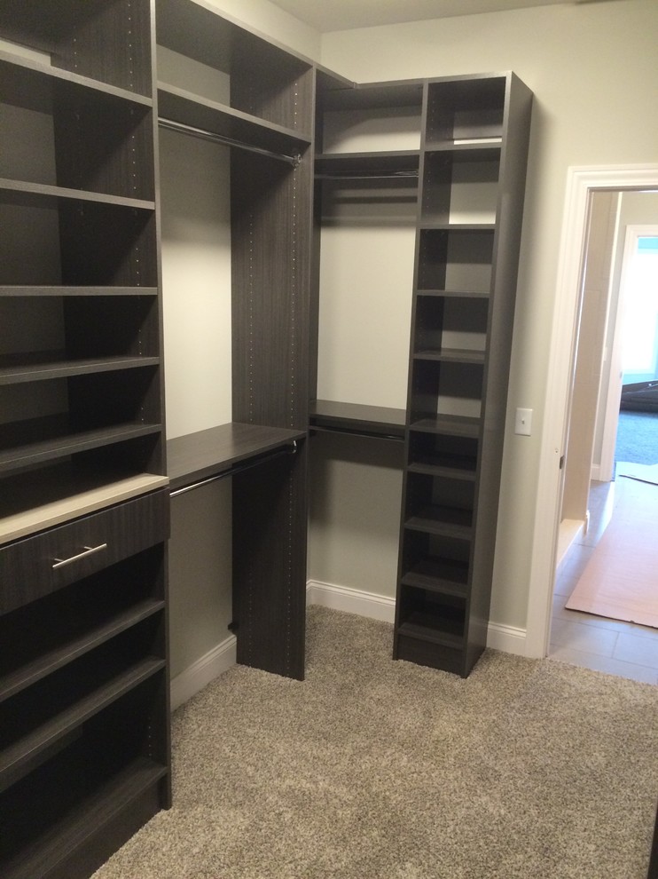 Mid-sized trendy women's carpeted walk-in closet photo in Other with flat-panel cabinets and gray cabinets