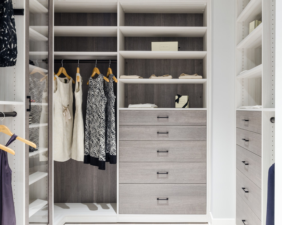 Inspiration for a huge modern gender-neutral white floor walk-in closet remodel in New York