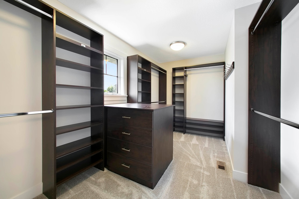 Inspiration for a large gender-neutral carpeted walk-in closet remodel in Minneapolis with dark wood cabinets