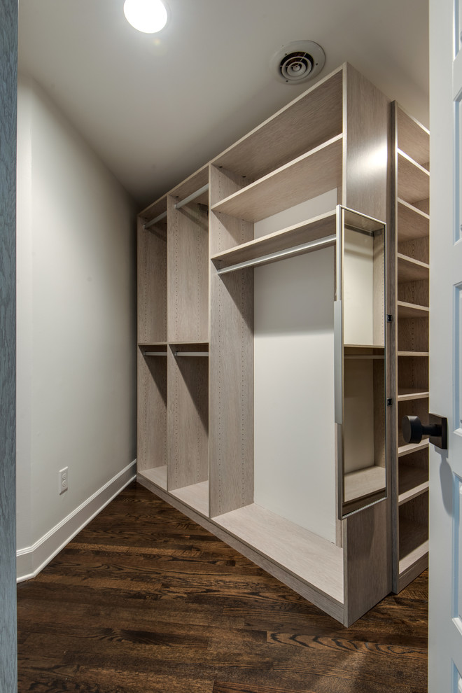 Design ideas for a large classic walk-in wardrobe in Nashville with open cabinets, medium wood cabinets, dark hardwood flooring and brown floors.