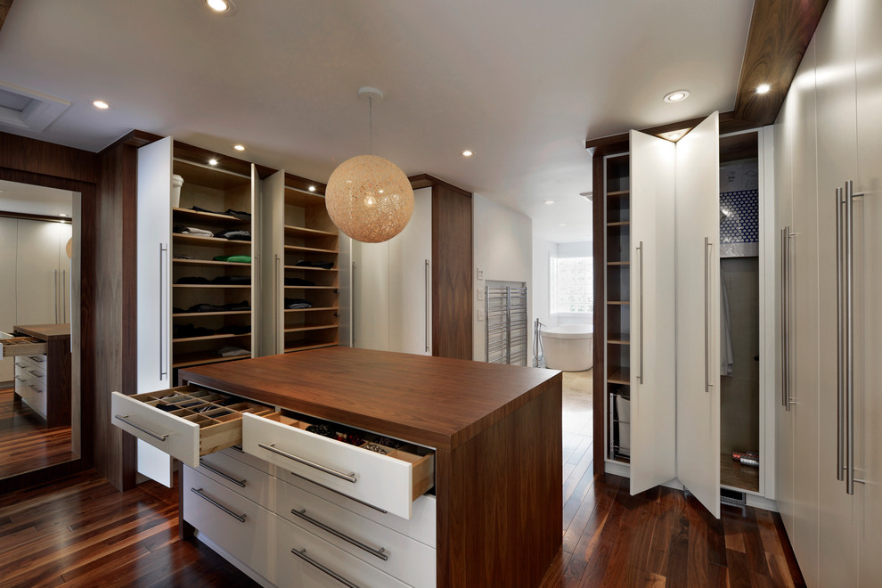 Inspiration for a large contemporary gender-neutral dark wood floor walk-in closet remodel in Ottawa with flat-panel cabinets and white cabinets