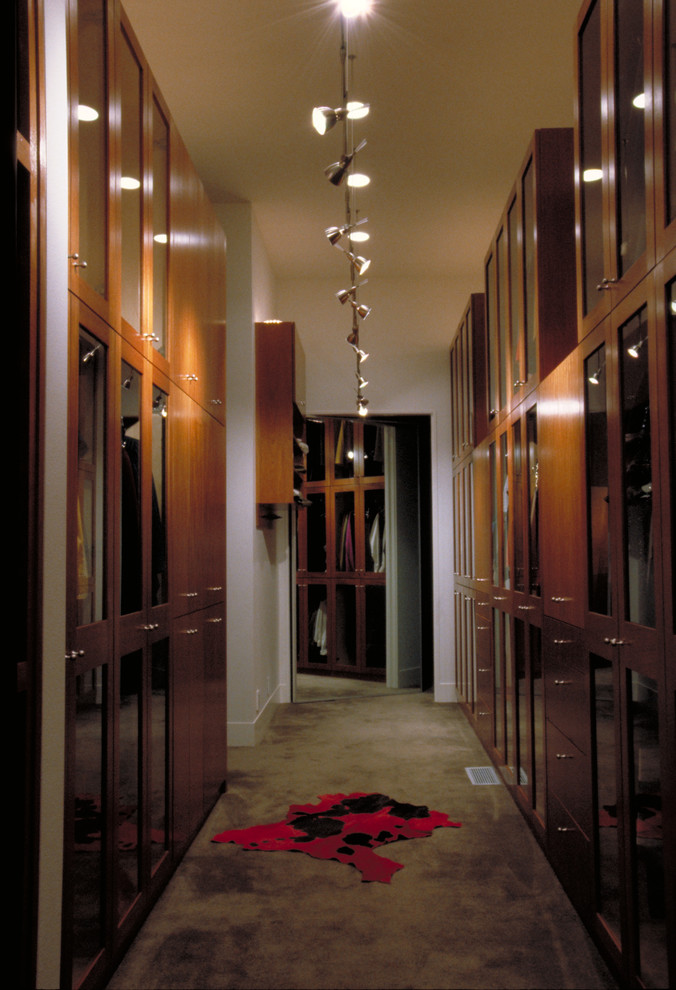 Aménagement d'un grand dressing moderne en bois brun avec moquette et un placard à porte vitrée.