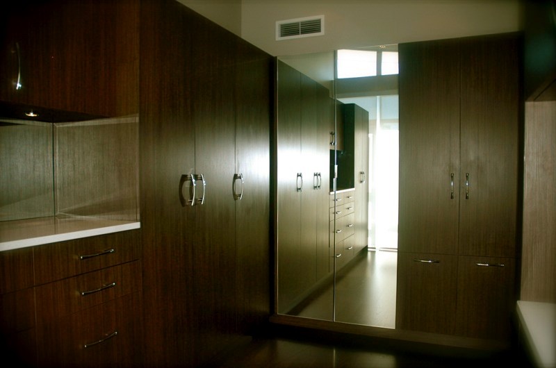 Foto di una grande cabina armadio unisex minimal con ante lisce, ante in legno bruno e parquet scuro