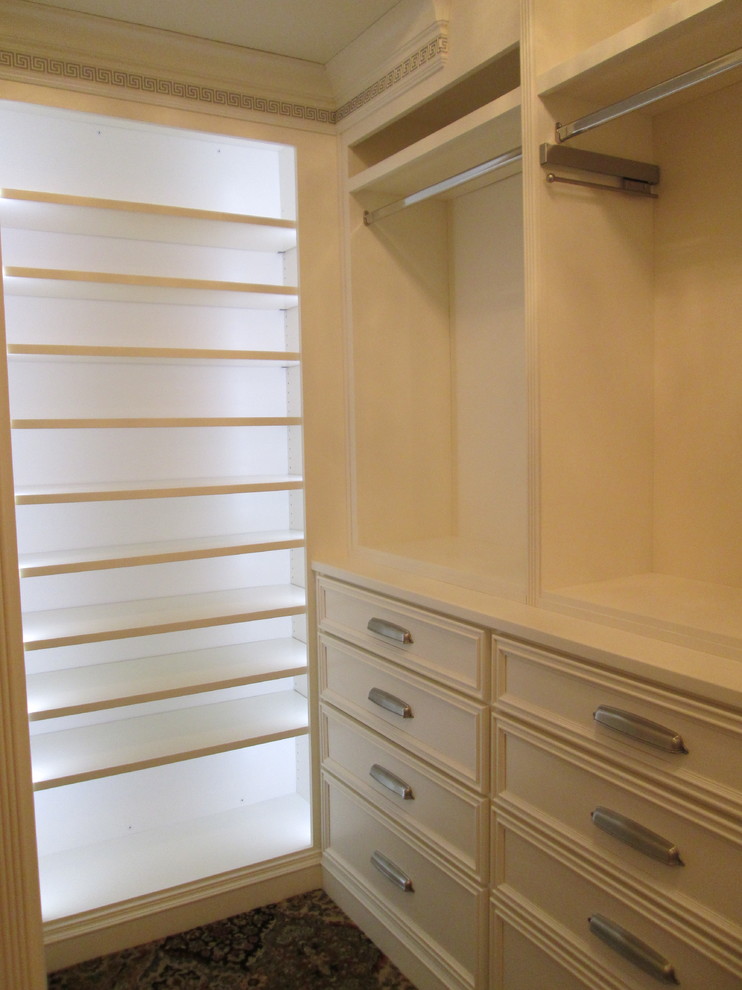 Example of a mid-sized classic women's carpeted walk-in closet design in St Louis with flat-panel cabinets and white cabinets