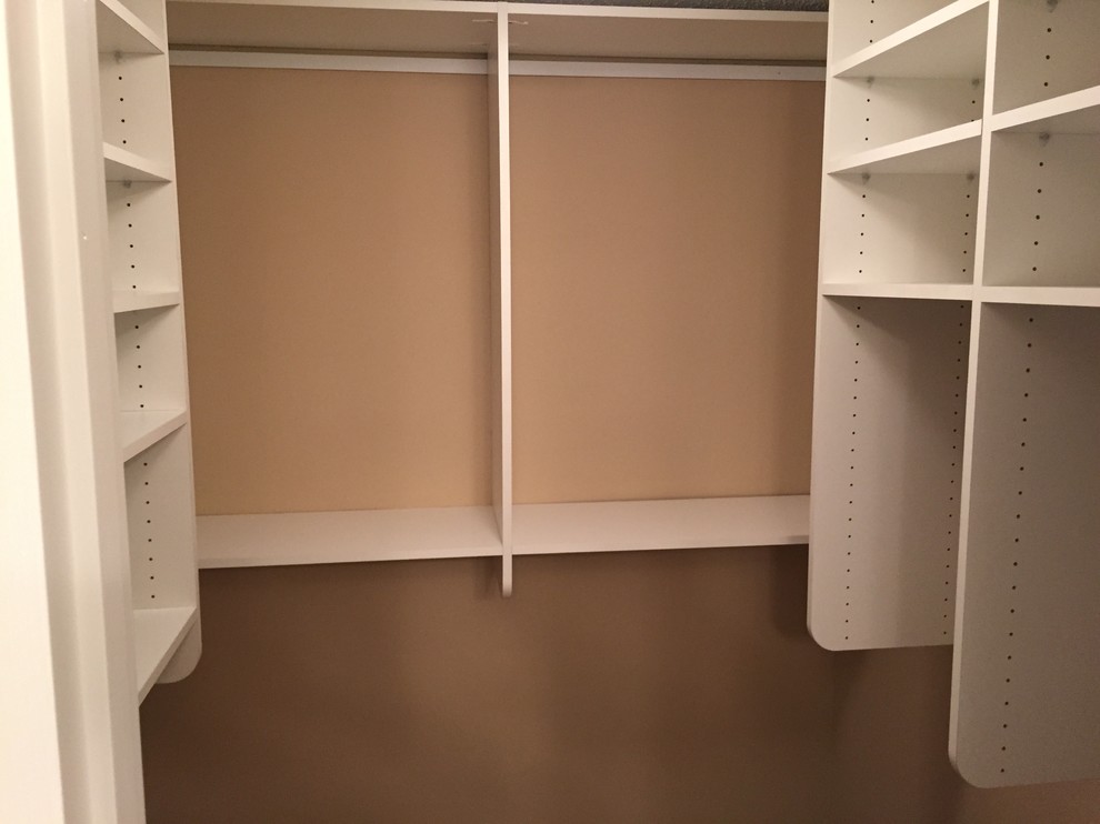 Mid-sized trendy gender-neutral carpeted walk-in closet photo in New Orleans with open cabinets and white cabinets