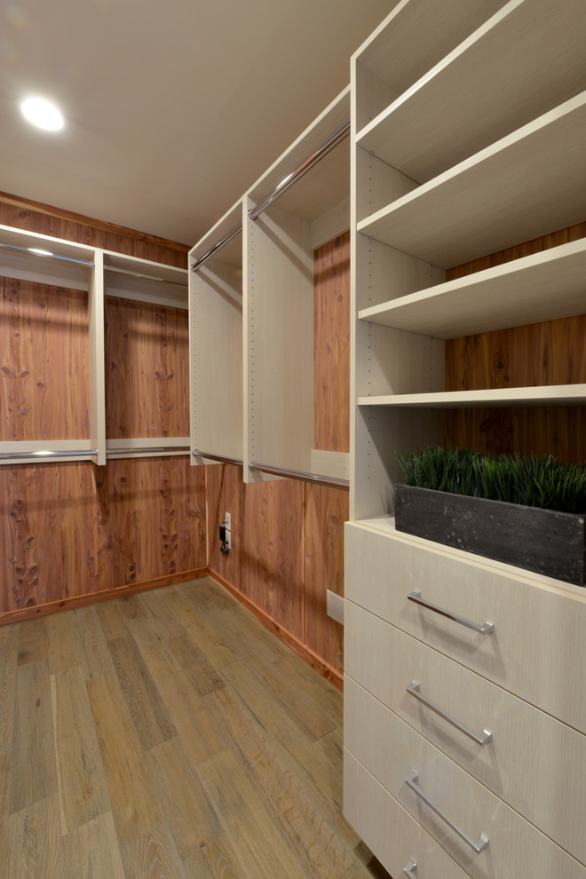 Diseño de armario vestidor unisex costero pequeño con armarios con paneles lisos, puertas de armario de madera clara y suelo de madera en tonos medios