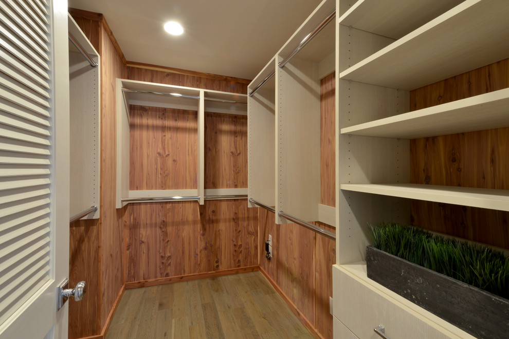 Imagen de armario vestidor unisex marinero pequeño con armarios con paneles lisos, puertas de armario de madera clara y suelo de madera en tonos medios