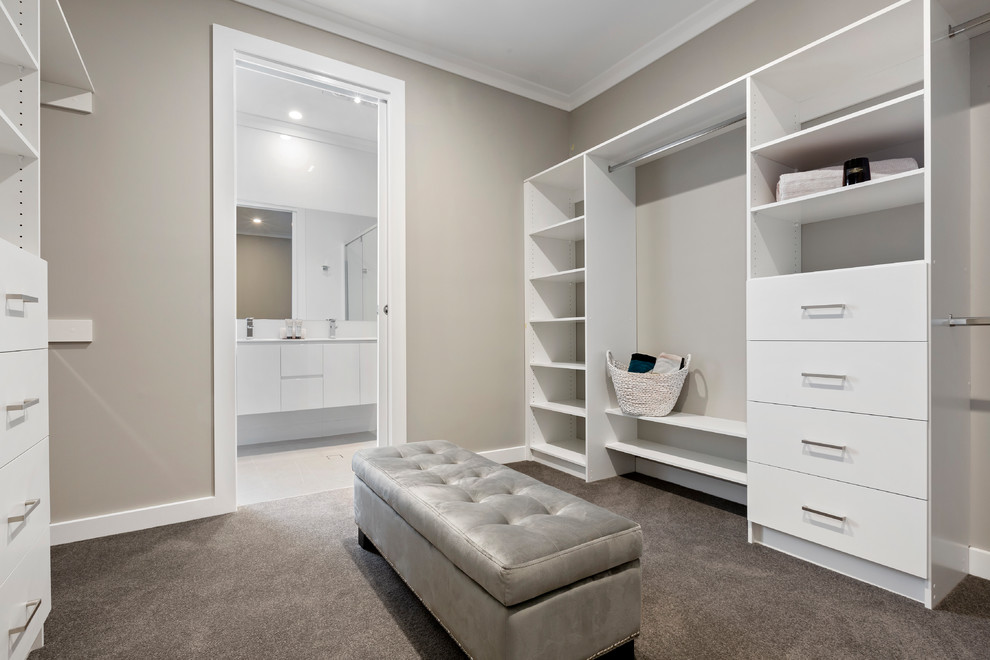 Foto de vestidor unisex actual grande con armarios con paneles lisos, puertas de armario blancas, moqueta y suelo gris
