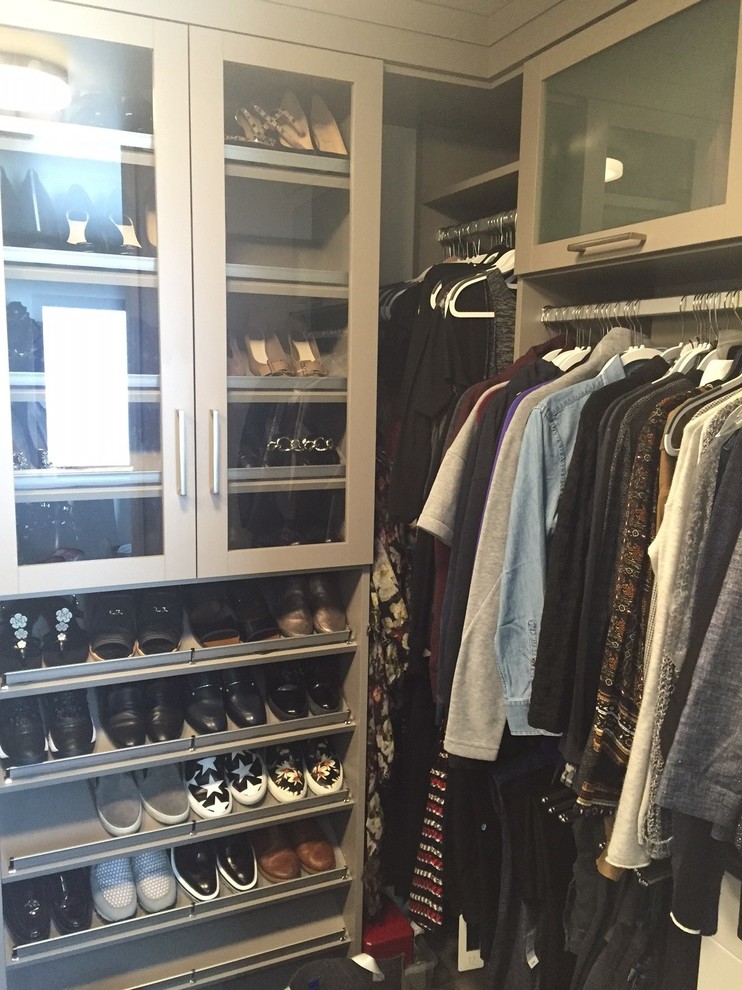 Example of a large minimalist gender-neutral carpeted walk-in closet design in Other with glass-front cabinets and gray cabinets