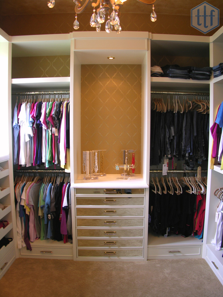 Inspiration for a mid-sized transitional women's carpeted walk-in closet remodel in Miami with open cabinets and white cabinets