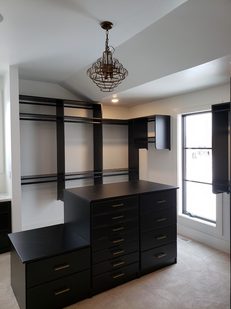 This is an example of a classic gender neutral walk-in wardrobe in Other with flat-panel cabinets, black cabinets, carpet and beige floors.