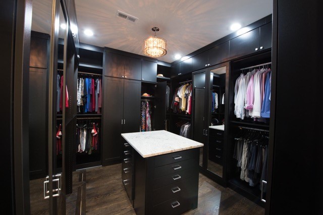 Foto på ett stort funkis walk-in-closet för könsneutrala, med skåp i shakerstil, svarta skåp, mörkt trägolv och brunt golv