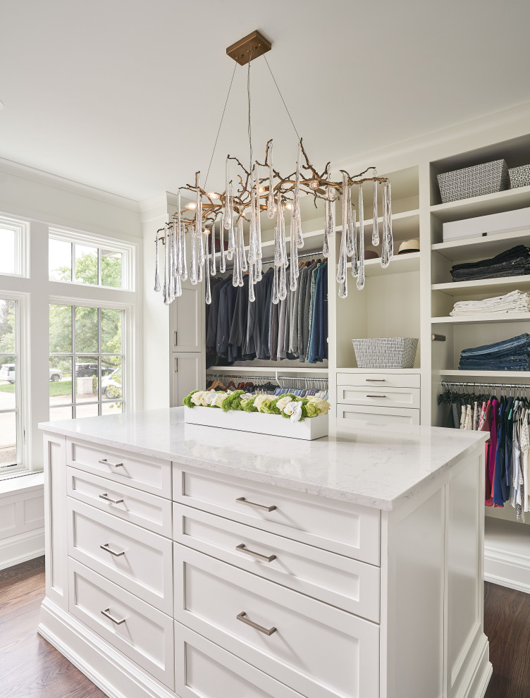 Design ideas for a medium sized classic walk-in wardrobe for women in Detroit with shaker cabinets, white cabinets, medium hardwood flooring and brown floors.