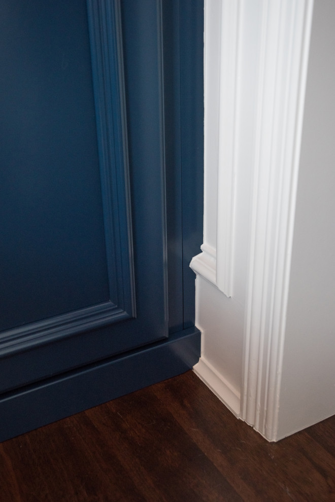 Стильный дизайн: встроенный шкаф среднего размера, унисекс в стиле неоклассика (современная классика) с фасадами с утопленной филенкой, синими фасадами, полом из ламината и коричневым полом - последний тренд