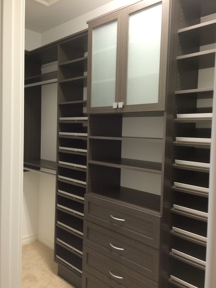 Example of a large minimalist gender-neutral carpeted walk-in closet design in Miami with dark wood cabinets and shaker cabinets