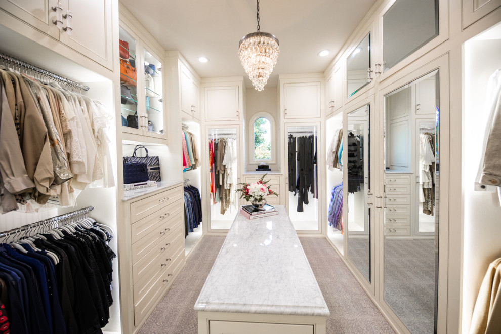 Walk-in closet - large traditional women's carpeted and beige floor walk-in closet idea in Dallas with beaded inset cabinets and white cabinets