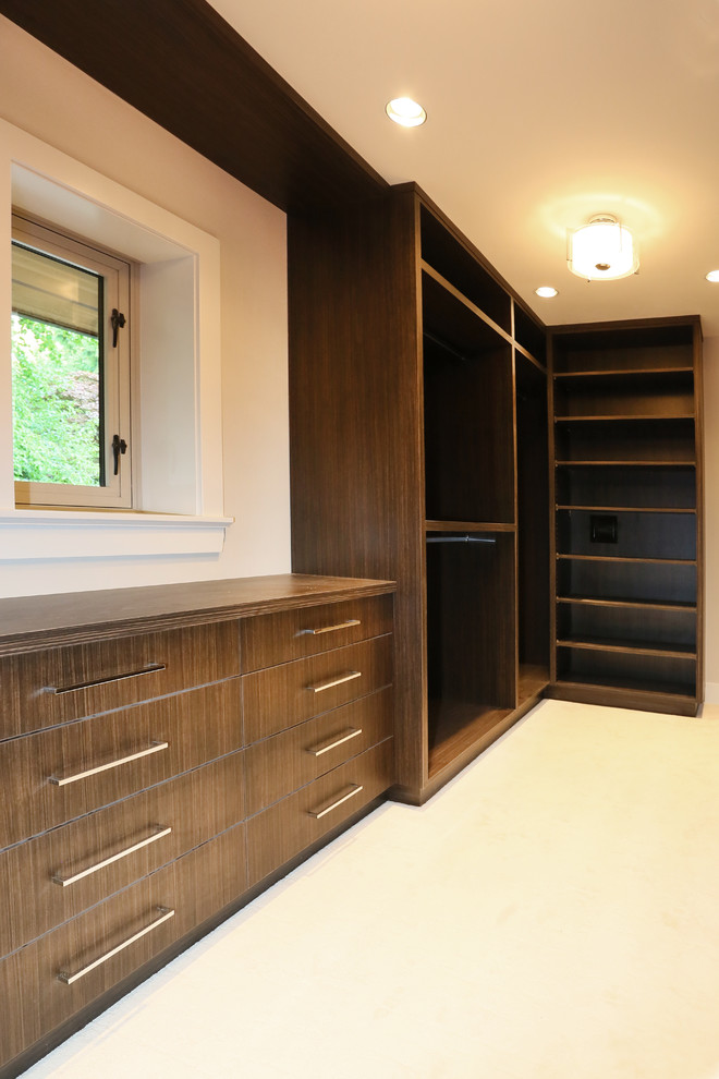 Inspiration for a huge asian women's carpeted walk-in closet remodel in Vancouver with open cabinets and dark wood cabinets