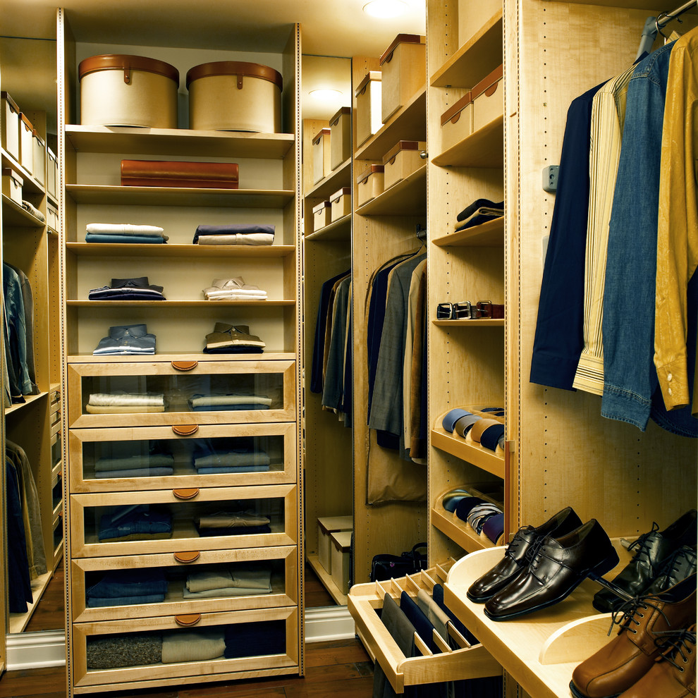 Design ideas for a contemporary walk-in wardrobe for men in Los Angeles with open cabinets and light wood cabinets.