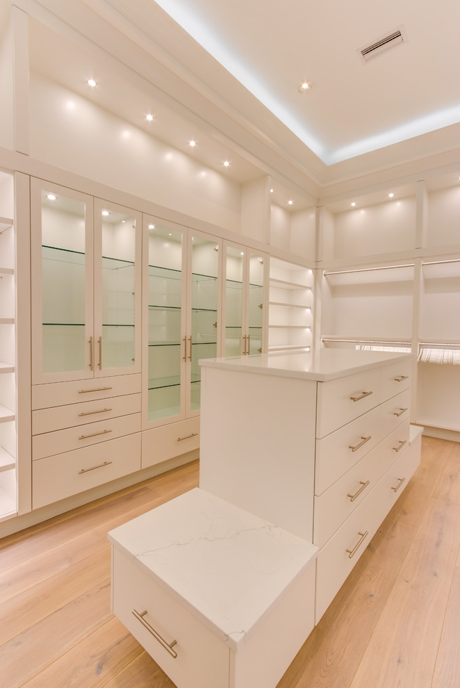 Diseño de armario vestidor de mujer, clásico renovado, grande, con armarios con paneles lisos, puertas de armario blancas, suelo de madera en tonos medios y suelo marrón