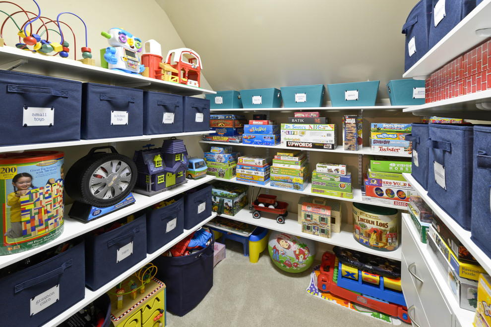 Inspiration for a contemporary walk-in closet remodel in Cincinnati with open cabinets and white cabinets