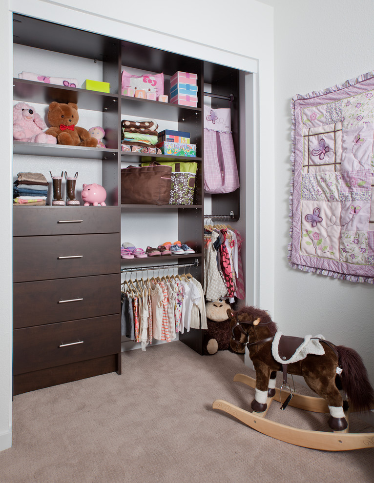 Modelo de armario unisex minimalista con armarios con paneles lisos, puertas de armario de madera en tonos medios y moqueta