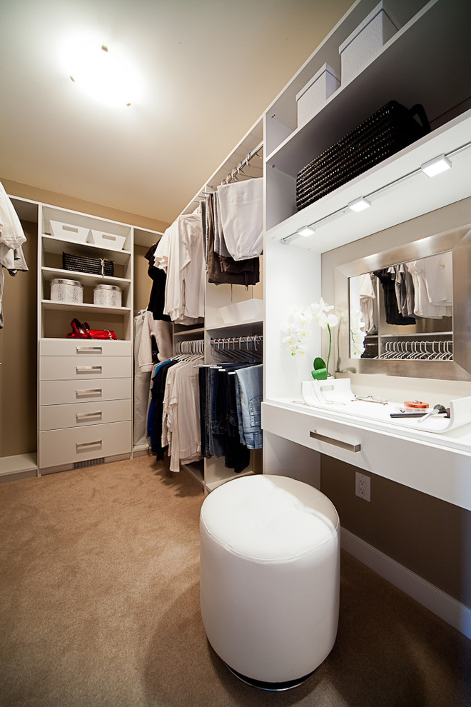 Example of a large transitional gender-neutral carpeted walk-in closet design in Other with white cabinets and flat-panel cabinets