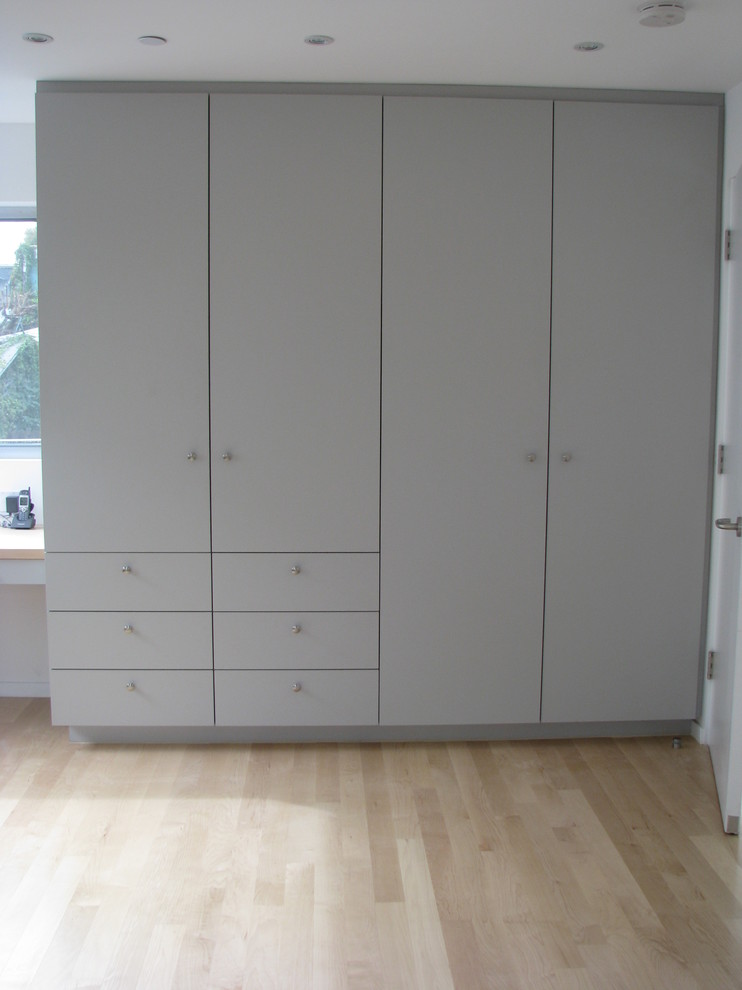 Ejemplo de armario unisex contemporáneo grande con armarios con paneles lisos, puertas de armario grises y suelo de madera clara