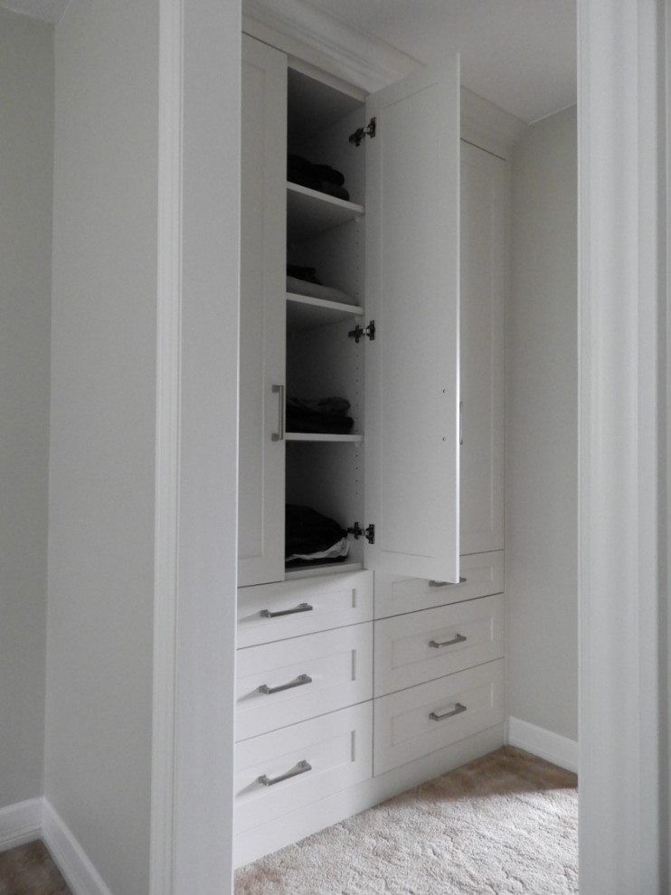 Klassisk inredning av ett litet walk-in-closet för könsneutrala, med skåp i shakerstil, vita skåp, heltäckningsmatta och brunt golv
