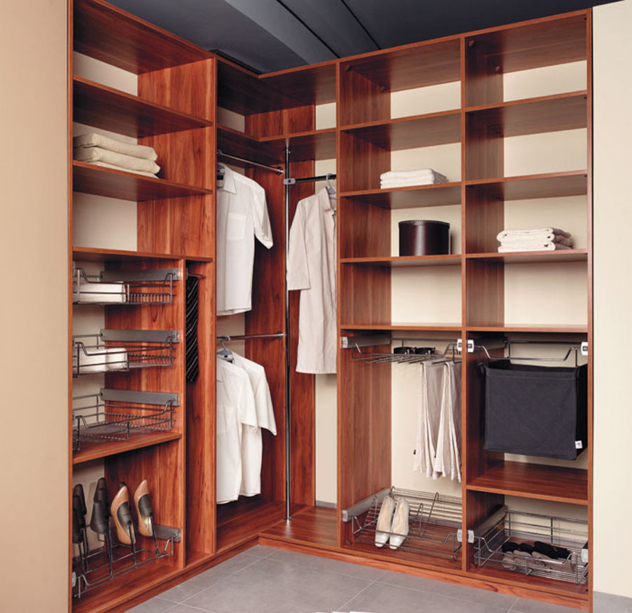 Inspiration for a medium sized traditional gender neutral walk-in wardrobe in Toronto with open cabinets, medium wood cabinets, porcelain flooring and grey floors.