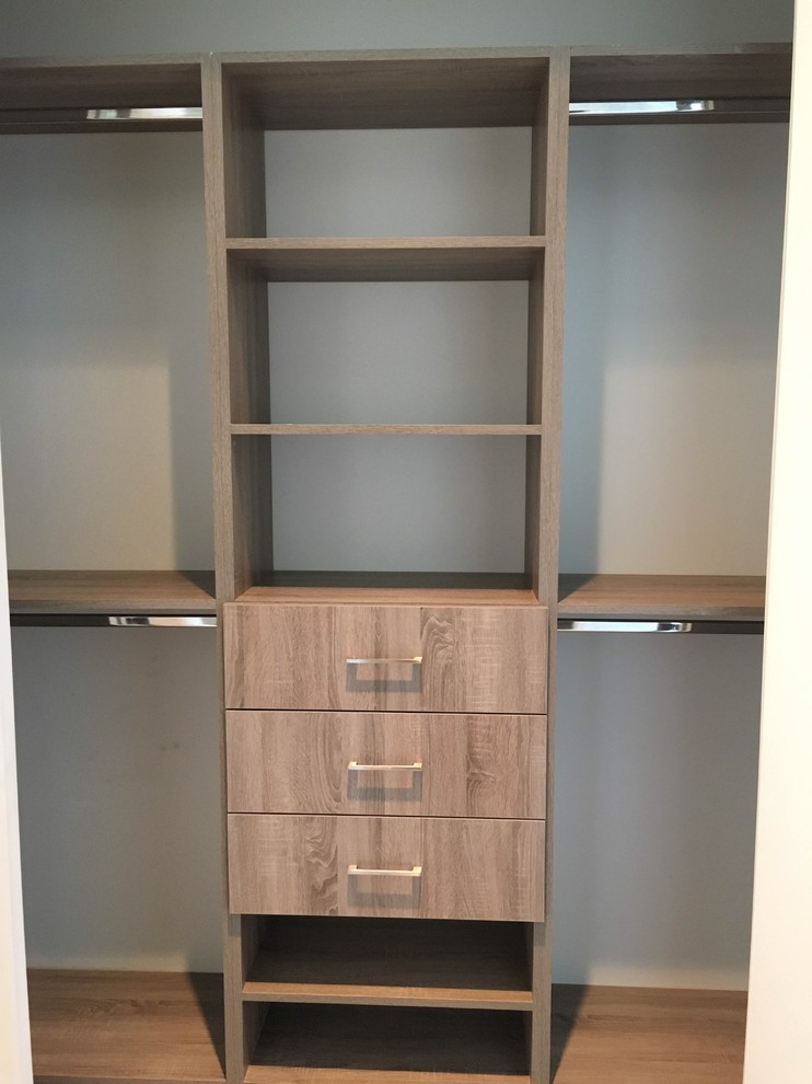 Inspiration pour un placard dressing minimaliste en bois clair avec un placard à porte plane.