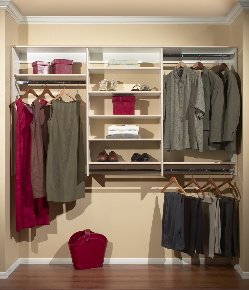 Example of a small transitional gender-neutral medium tone wood floor reach-in closet design in Phoenix with open cabinets and white cabinets