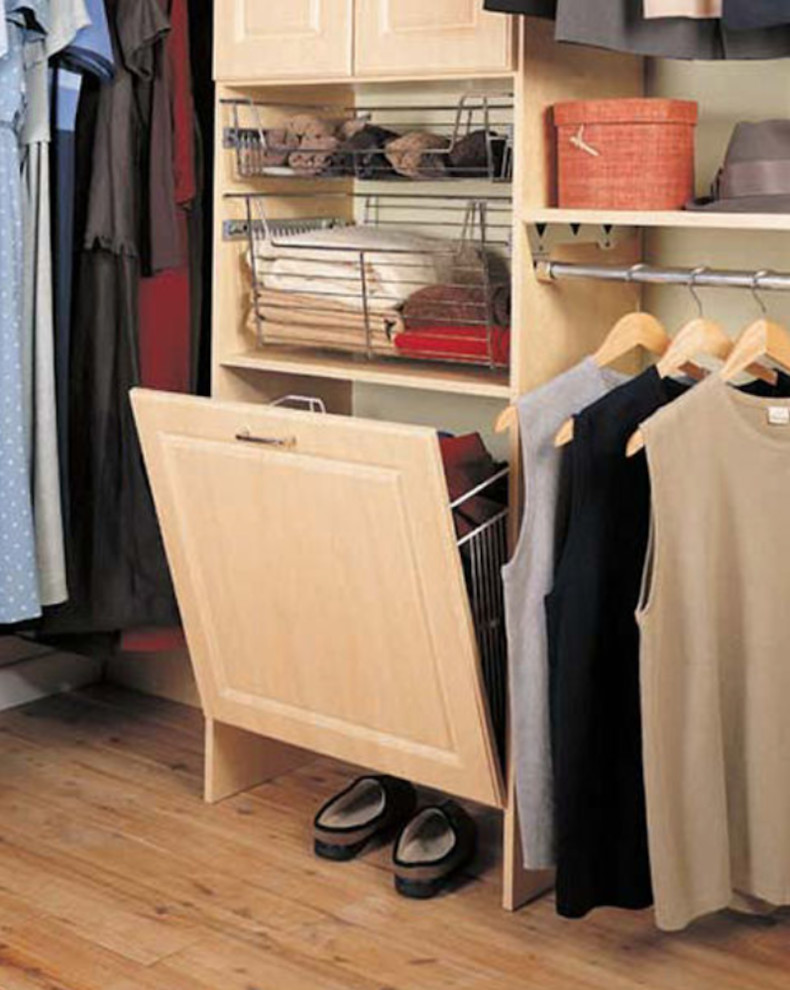 Walk-in closet - large contemporary gender-neutral carpeted walk-in closet idea in Other with open cabinets and white cabinets