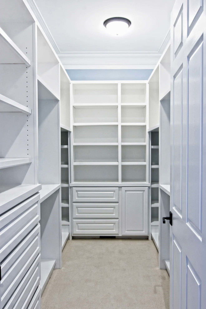 Immagine di una grande cabina armadio unisex design con ante bianche, moquette, pavimento grigio e ante con bugna sagomata