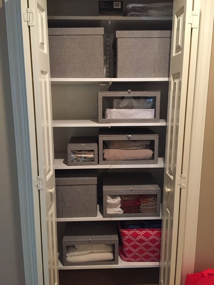 Walk-in closet - mid-sized contemporary gender-neutral carpeted walk-in closet idea in Tampa with white cabinets and open cabinets