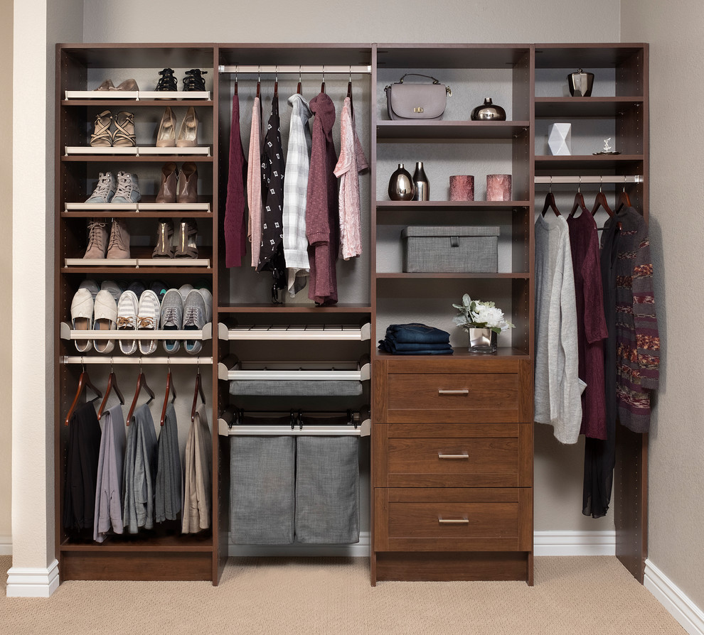 Diseño de armario unisex clásico pequeño con armarios estilo shaker, puertas de armario marrones, moqueta y suelo beige