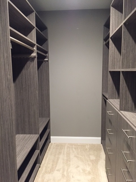 Inspiration for a contemporary walk-in wardrobe in Columbus with flat-panel cabinets and grey cabinets.
