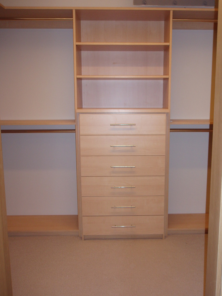 Ejemplo de armario vestidor unisex tradicional renovado de tamaño medio con armarios abiertos, puertas de armario de madera oscura, moqueta y suelo beige
